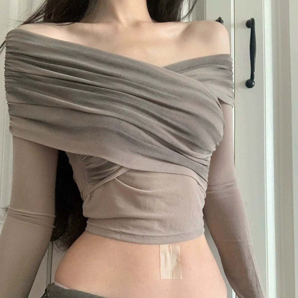 Zara Spring Pleated Off Shoulder Cross Gradient Slim Tee